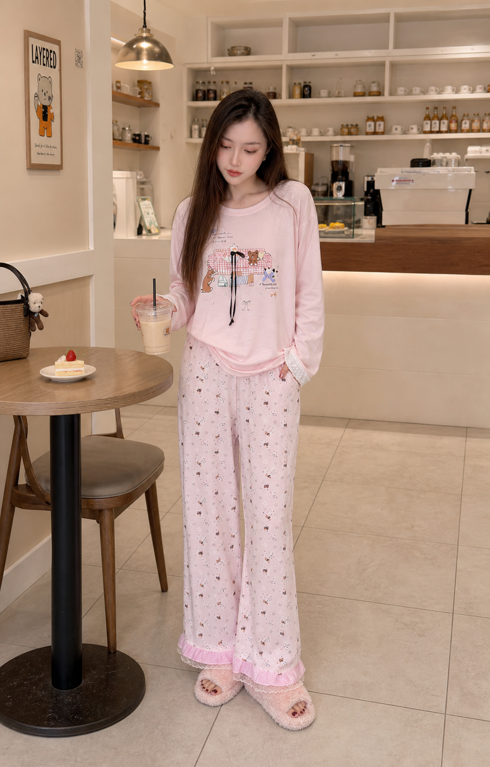 Người mẫu mặc đồ bộ cotton màu hồng Đồ Nhà Sam